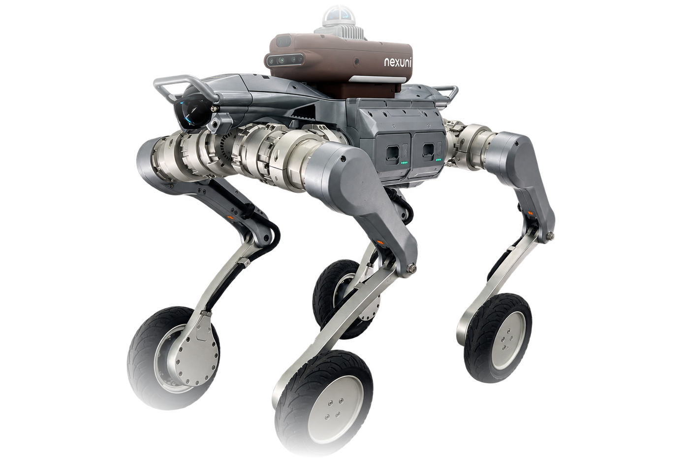 nexuni odo 3 silver wheeled-leg quadruped with a sensor backpack
